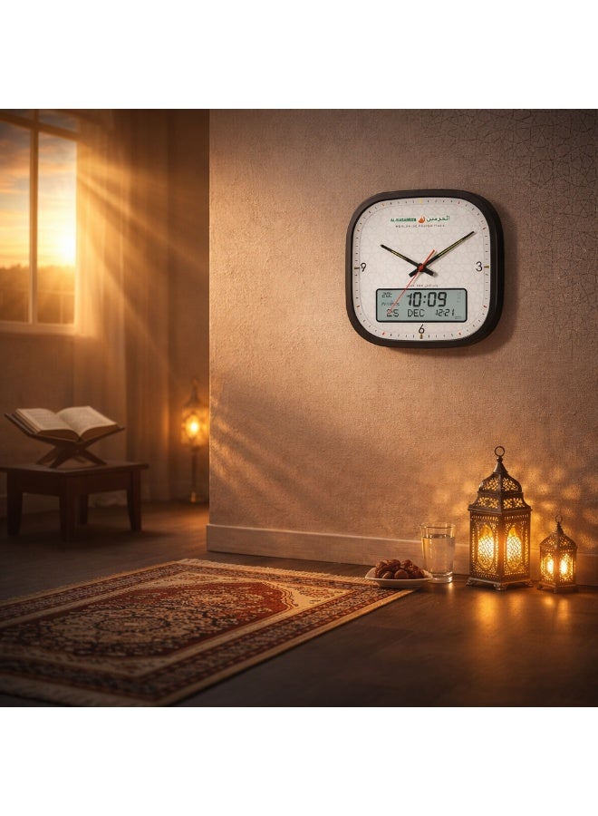 الحرمين ساعة الحرمين الإسلامية للصلاة بشاشة مزدوجة تناظرية ورقمية مع الأذان ودرجة الحرارة والقبلة والتقويم الهجري والميلادي مقاس 33x33 سم هدية مثالية للمسلمين وتصميم بنمط أبيض بإصدار محدود HA-7055B - Image 4